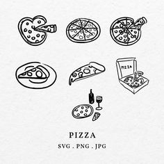 a black and white drawing of different types of pizza