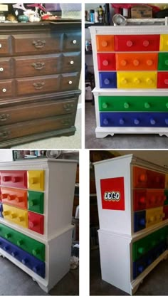 four pictures of different colored drawers with legos on them