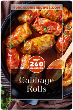 cabbage rolls with tomato sauce in a skillet on a wooden table next to parsley