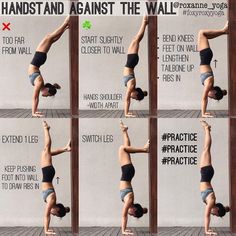 a woman doing yoga poses in front of a wall with instructions on how to do the splits