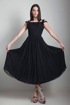 50s black party dress flowy vintage tea length pleated full skirt off the shoulder SMALL S Party Evening Dress With Pleated Bodice, Tea Length, Pleated Bodice Tea Length Evening Dress For Party, Pleated Bodice Tea-length Evening Dress For Party, Summer Party Tea Length Dress With Pleated Bodice, Black Pleated Bodice Evening Dress For Prom, Summer Gala Tea-length Evening Dress, 1950s Style Evening Dresses For Summer, Chiffon Party Dress With Full Skirt, Black Chiffon Evening Dress For Summer