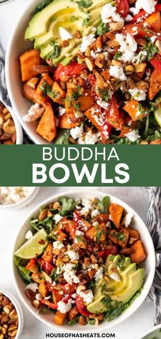 buddha bowls with avocado, carrots and feta cheese