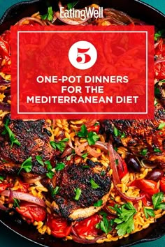 a skillet filled with meat and vegetables on top of a blue tablecloth that says 5 one - pot dinners for the mediterranean diet