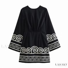 Lasaky - Embroidered Midi Dress Embroidered Midi Dress, Crewneck Dress, Embroidery Fashion, Embroidery Dress, Types Of Skirts, Black Midi Dress, Flared Sleeves, A Line Skirts, Women Long Sleeve