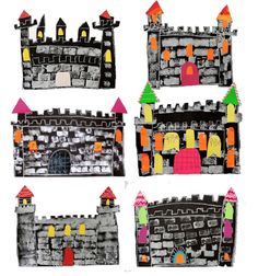 four drawings of castles made with colored crayons and paper machs on white paper