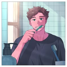 a man brushing his teeth in front of a bathroom mirror while holding a toothbrush