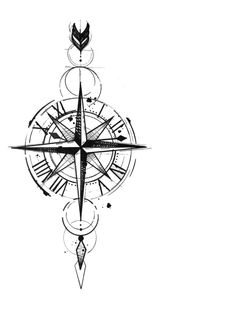 a black and white drawing of a compass with arrows on it's side,