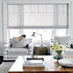 grey natural linen wide flat roman shade Modern Country Window Treatments, Living Room Window Coverings, Window Coverings Living Room, Large Window Treatments, Luxurious Cushions, Wilton House, Linen Roman Shades, Relaxed Roman Shade, Sheer Blinds