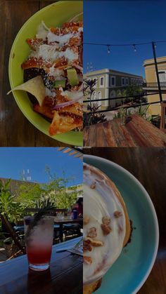 three different pictures with food and drinks on the same plate, one is half eaten