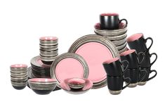 a black and pink dinnerware set with matching cups, saucers, and plates