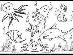 an underwater scene with sea animals and other marine creatures coloring pages for kids, free printable