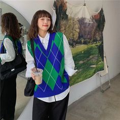 Trendy Green V-neck Sweater Vest, Casual Blue V-neck Vest, Oversized Sweater Vest, Full Sleeve Top, Argyle Sweater Vest, Bodycon Midi Skirt, Brunch Dress, 60's Dress