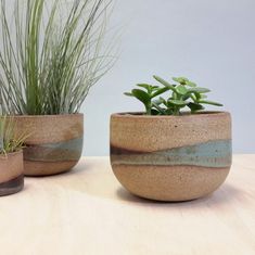 two planters sitting on top of a table next to each other with plants in them