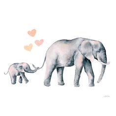 an elephant and her baby are standing in the grass with hearts coming out of their ears