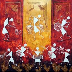 an artistic painting on the side of a building with people dancing and carrying items in their hands