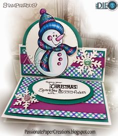 a christmas card with a snowman on the front and four different colored papers behind it