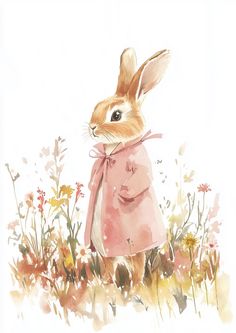 a watercolor painting of a rabbit wearing a pink coat and standing in the grass