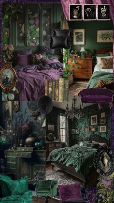 a collage of green and purple bedroom decor