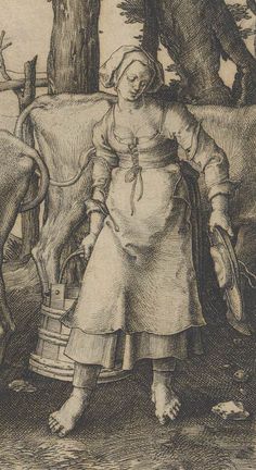 an old drawing of a woman carrying a basket