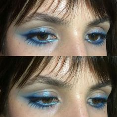 Blue Makeup Inspiration, Donni Davy Makeup, Puffy Eye Makeup, Blue Liner Makeup Look, Smokey Blue Eyeshadow, Blue Eyeliner Blue Eyes, Indie Sleaze Makeup