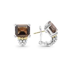 Smokey quartz emerald-cut gemstone earring with a prong setting in sterling silver and 18K gold Caviar beading. Luxury Faceted Sterling Silver Earrings, Lagos Jewelry, Slim Ring, Half Hoop Earrings, Cognac Diamonds, Brown Gemstone, Huggie Earring, Brown Diamond, Huggie Earrings