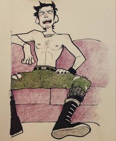 a drawing of a shirtless man sitting on a couch with his mouth open and tongue out