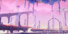 a futuristic city with lots of purple flowers hanging from it's ceiling and water in the foreground