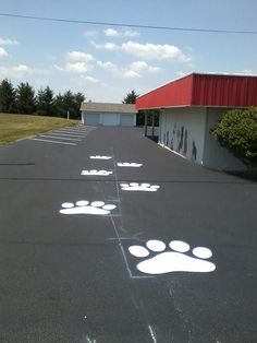 an empty parking lot with white painted paw prints