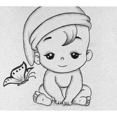 a drawing of a baby sitting next to a butterfly