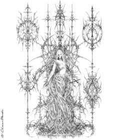 a black and white drawing of a woman surrounded by vines