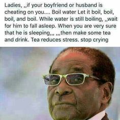 an older man wearing glasses and a suit with words written on the side saying ladies, if your boyfriend or husband is threatening you