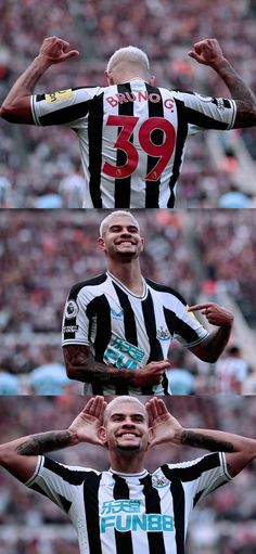 three different shots of a soccer player with his hands in the air