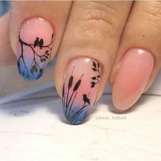 Nails With Birds Design, Bird Nail Art Designs, Nails With Birds, Nail Art Bird, Bird Nail Designs, Hummingbird Nails, Bird Nails, Silhouette Nails, Bird Nail Art