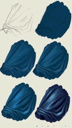 four different shades of blue fabric on a white sheeted paper with an image of a flower in the middle