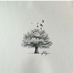 a drawing of a tree with birds flying in the air above it and on top of paper