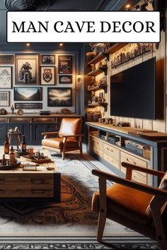 a living room with many pictures on the wall and a man cave in the corner