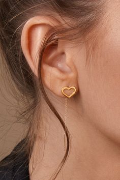 These gorgeous heart-shaped earrings come with delicate chains to dress up your ears. With beautiful outline hearts, these drop earrings are a must-have for your jewelry collection. HEART*DROP*EARRINGS ‣ 2 Years Warranty ‣ Free Express International Shipping ‣ Free returns within 30 days from the order date Features * Made to Order. * Material: Solid Gold (real solid gold, no gold-filled or no gold plated material) * Gold KT: 14K * Available Gold Color: Yellow Gold, Rose Gold, White Gold * Ready Gold Plated Dangle Jewelry For Valentine's Day, Fine Jewelry Heart Pendant Earrings As Gift, Fine Jewelry Heart Pendant Earrings For Gift, Gold Plated Open Heart Earrings For Pierced Ears, Sterling Silver Dangle Heart Earrings, Tarnish Resistant, Dainty Linear Earrings For Anniversary, Tarnish Resistant Sterling Silver Dangle Heart Earrings, Elegant Open Heart Earrings For Everyday, Elegant Hypoallergenic Dangle Heart Earrings