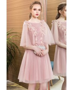 Buy beaded flowers pink tulle short party dress with tulle puffy sleeves at affordable price online. Free shipping and pro custom service since 2009. Spring Homecoming Knee-length Evening Dress, Spring Knee-length Evening Dress For Homecoming, Spring Homecoming Evening Dress, Knee-length, Knee-length Evening Dress For Spring Homecoming, Spring Banquet Tulle Skirt Dress, Spring Tulle Evening Dress For Banquet, Spring Banquet Dress With Tulle Skirt, Spring Knee-length Tulle Evening Dress, Pink Tulle Dress