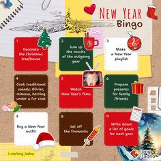 the new year's greeting card is displayed on a cork board with pictures and words