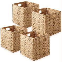 four woven baskets with handles are shown in this image, one is empty and the other has