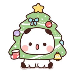 a cartoon christmas tree with a cute kitty holding a cup in it's hand