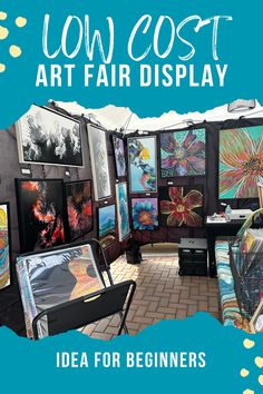 an art fair display with lots of paintings on the walls and chairs in front of it