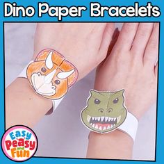 two paper bracelets with animals on them and the words dino paper bracelets written below