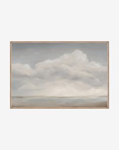 an abstract painting with white and grey clouds in the sky above it, framed on a wall