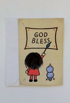 Fravessi "God Bless" Little Girl And Bird Get Well Card With White Envelope Cute "God Bless" Get Well Greeting Card Features a Little Girl with a Blue Bird Painting Front of Card Looks Like Lined Notebook Paper as She's Painting "God Bless" with a Paint Brush in Hand Printed Inside Card "And Make You Well Soon !" Simply Stated  A Great Card For Someone Religious and Needs a Little Bit of Encouragement!  Measurements: Height: 6.25" Width: 4.25" View more great items Blue Bird Painting, Lined Notebook Paper, Painting God, Bird Painting, Lined Notebook, Picture Cards, Get Well Cards, Notebook Paper, Paint Brush