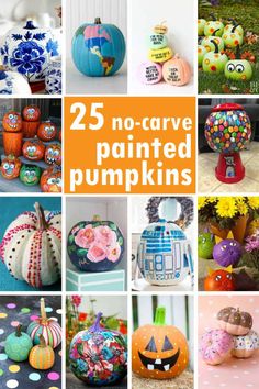 25 no - carve painted pumpkins are featured in this postcard collage