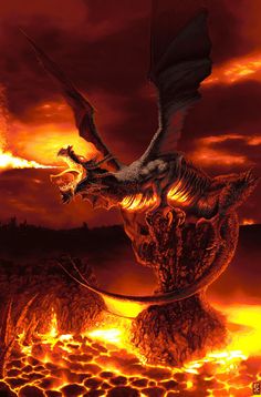 a painting of a dragon flying over a fire filled field with mountains in the background