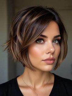 60 Inspiring Short Haircut Ideas for a Fresh New Look Short Hairstyle Women Choppy, Chin Length Bob With Layers Thick Hair, Medium Short Length Hair Styles, New Short Hairstyles For 2024, Trending Short Haircuts 2024, Short Bob Layered Haircuts, Shirt Bob Haircut, Short Hair Colour Ideas, Blonde To Brunette Hair