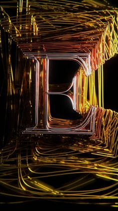 the letter e is made up of yellow and red lines in an abstract pattern with black background