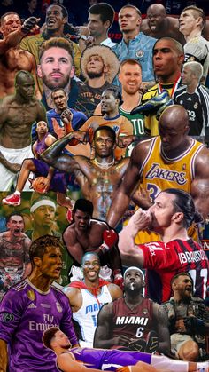 collage of professional basketball players and their names in multiple pictures, including the lakers